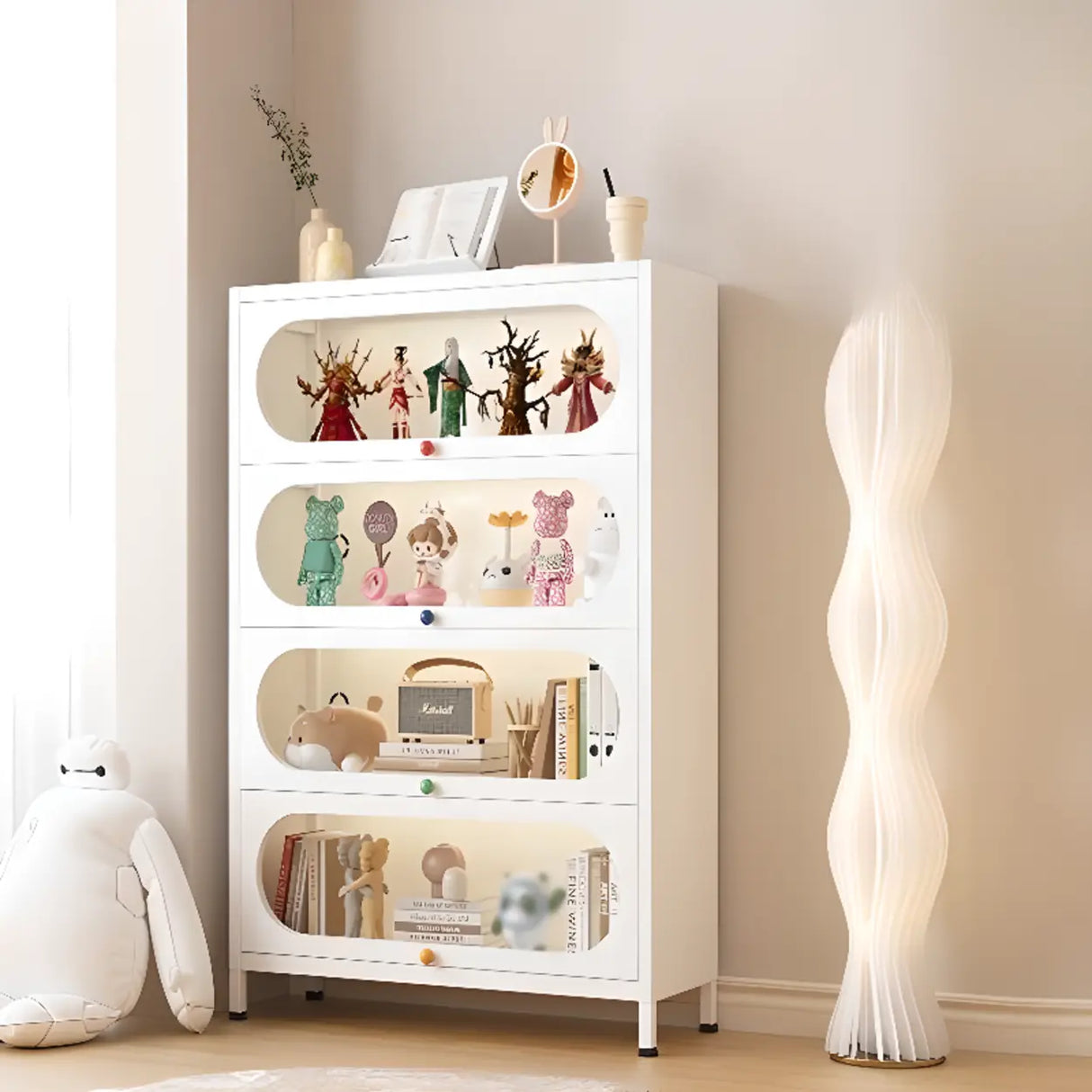 Elegant Steel Living Room White Curio Display Cabinet Image - 33