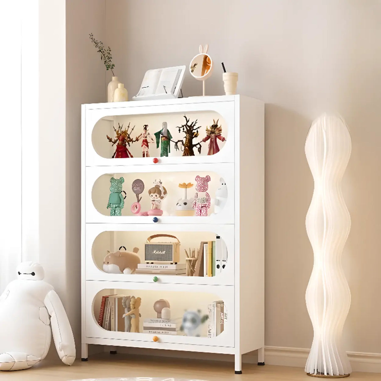 Elegant Steel Living Room White Curio Display Cabinet Image - 34