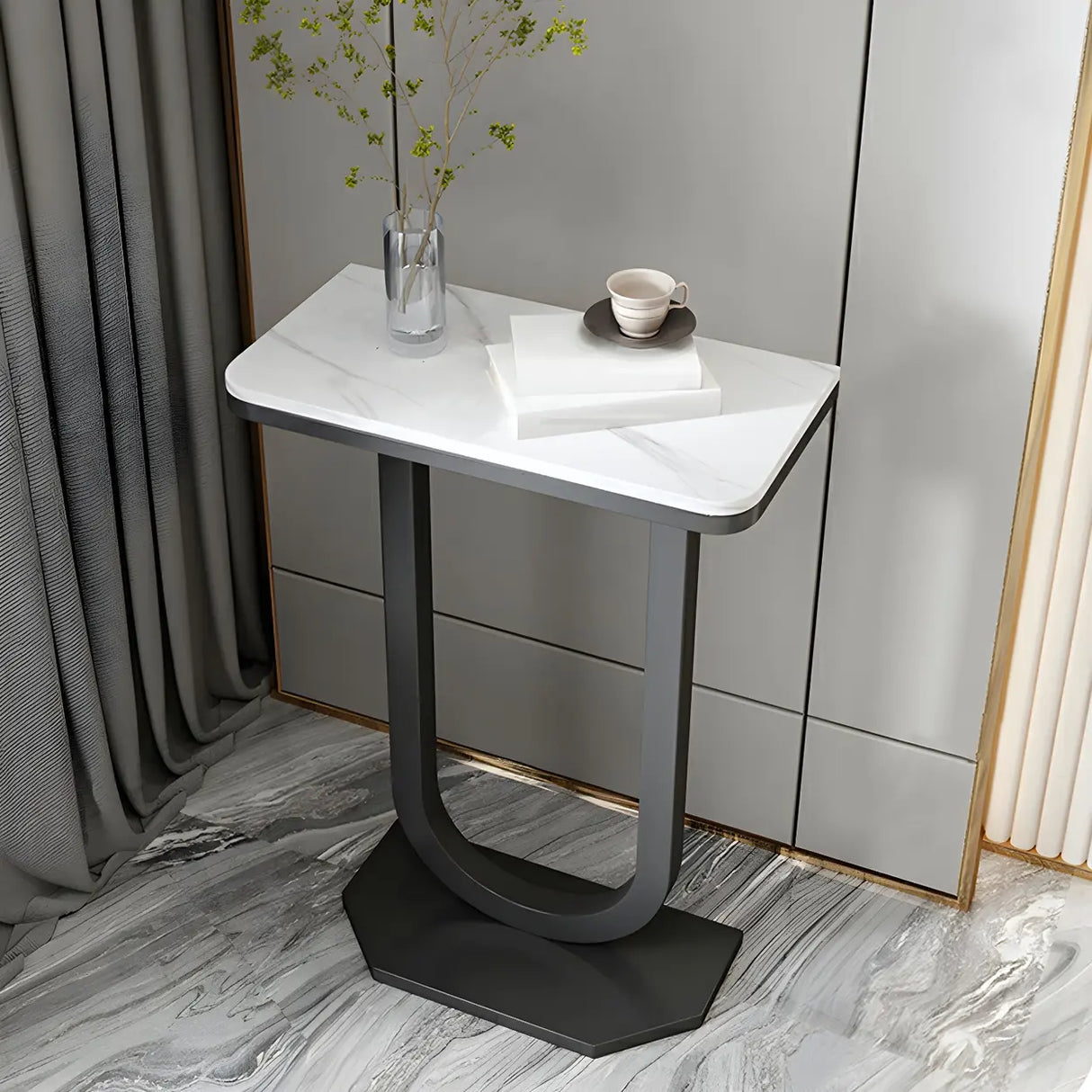 Elegant Stone Top U-Shaped Metal Frame Plant Table Image - 13