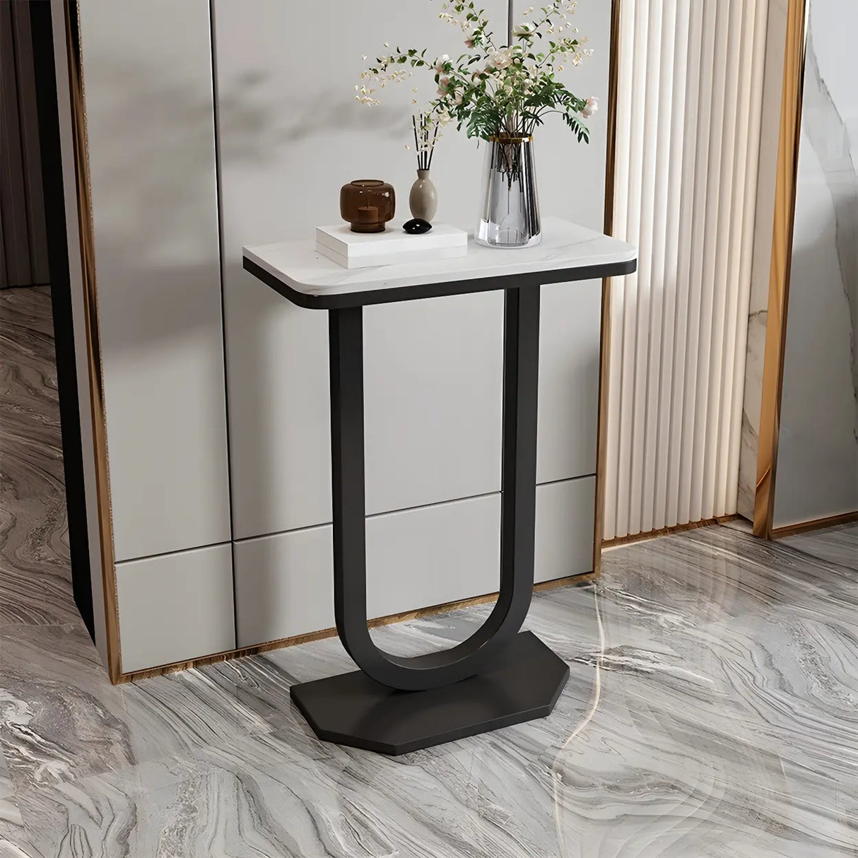 Elegant Stone Top U-Shaped Metal Frame Plant Table Image - 3