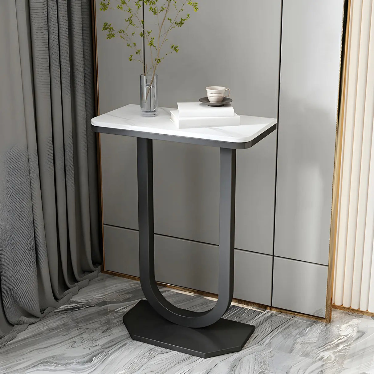 Elegant Stone Top U-Shaped Metal Frame Plant Table Image - 5