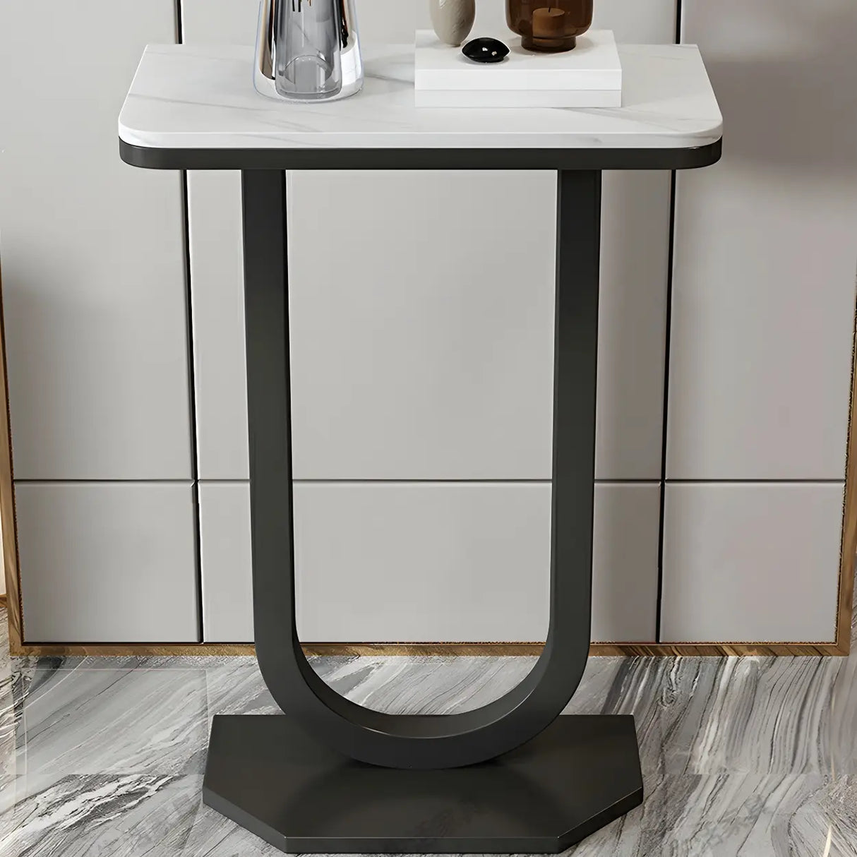 Elegant Stone Top U-Shaped Metal Frame Plant Table Image - 7