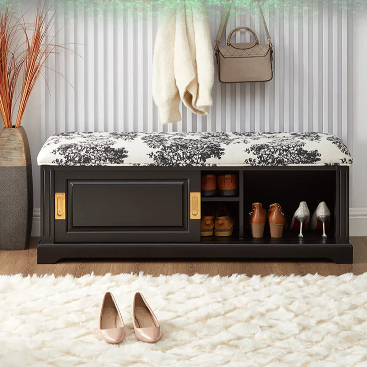 Elegant Storage Bench with Floral Cushion & Sliding Doors Image - 3