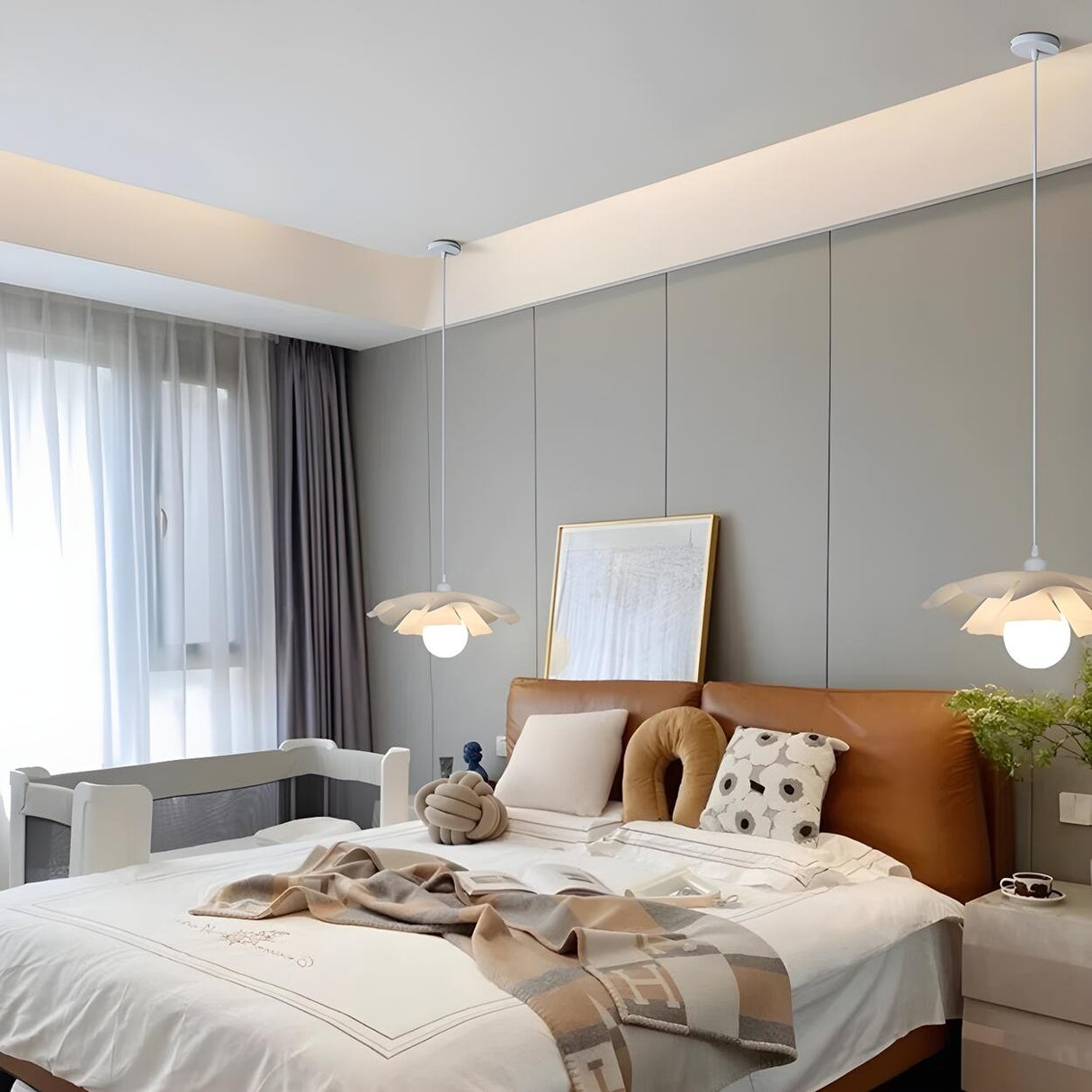 Elegant White Acrylic Flower Curved Bedroom Pendant Light Image - 13