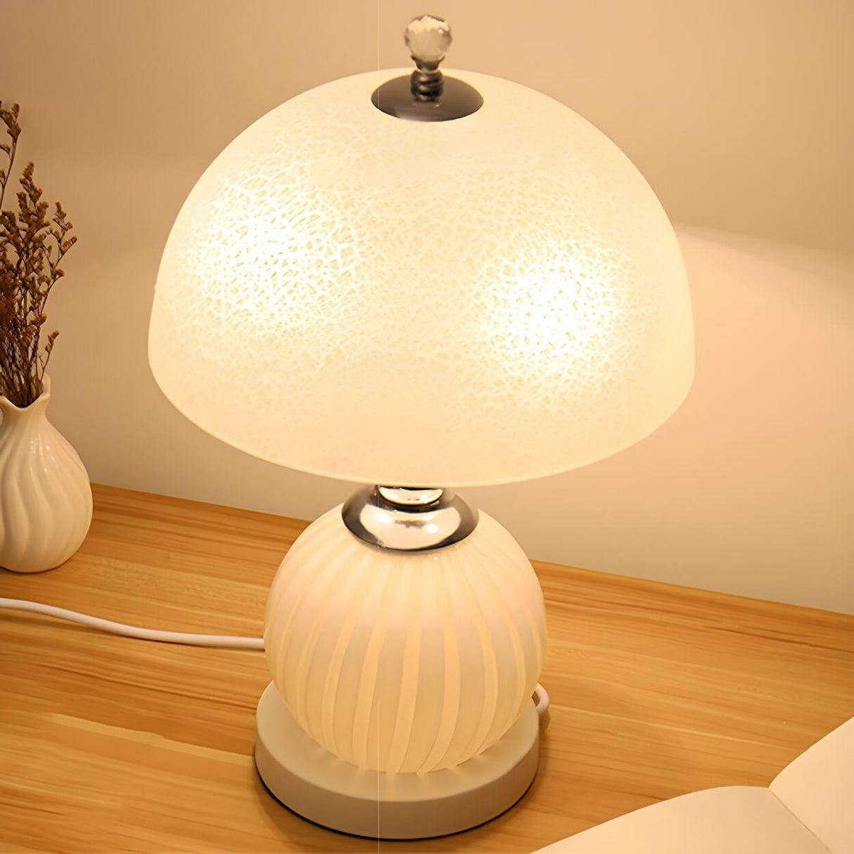 Elegant White Dome Globe Base Glass Bedroom Table Lamp Image - 13