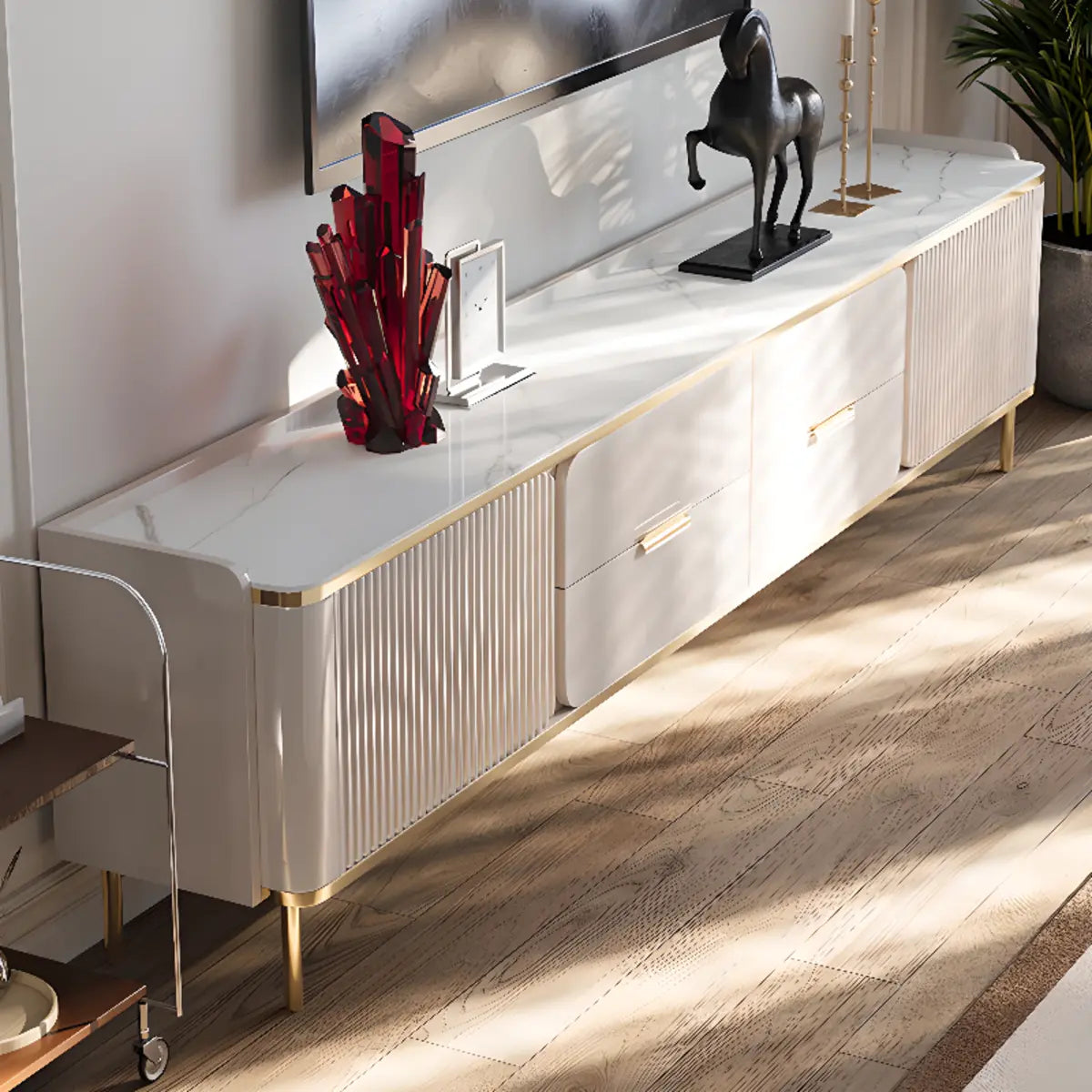 Elegant White Stone Enclosed Storage Rectangle TV Stand Image - 1