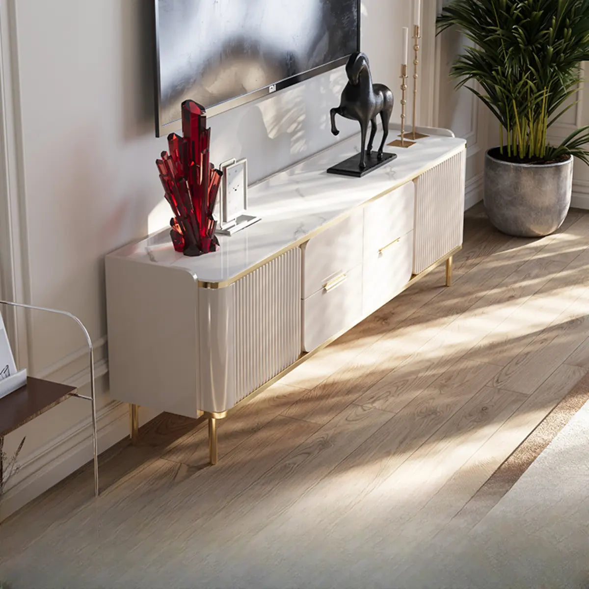 Elegant White Stone Enclosed Storage Rectangle TV Stand Image - 2