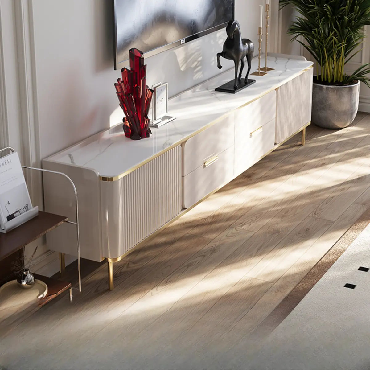 Elegant White Stone Enclosed Storage Rectangle TV Stand Image - 3