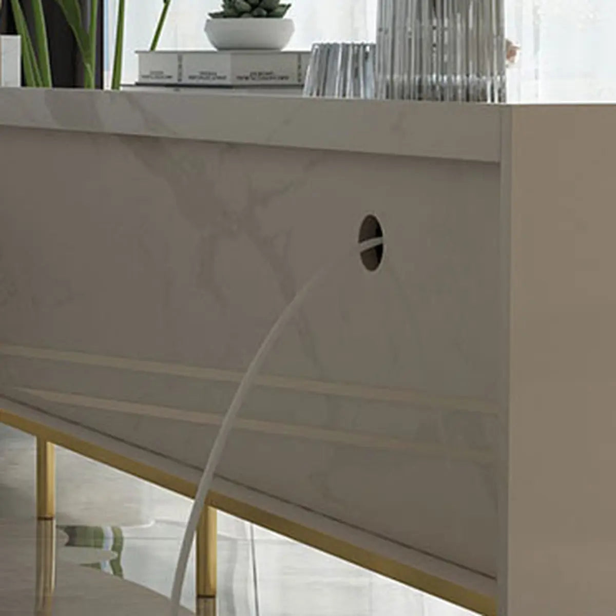 Elegant White Stone Enclosed Storage Rectangle TV Stand Image - 4