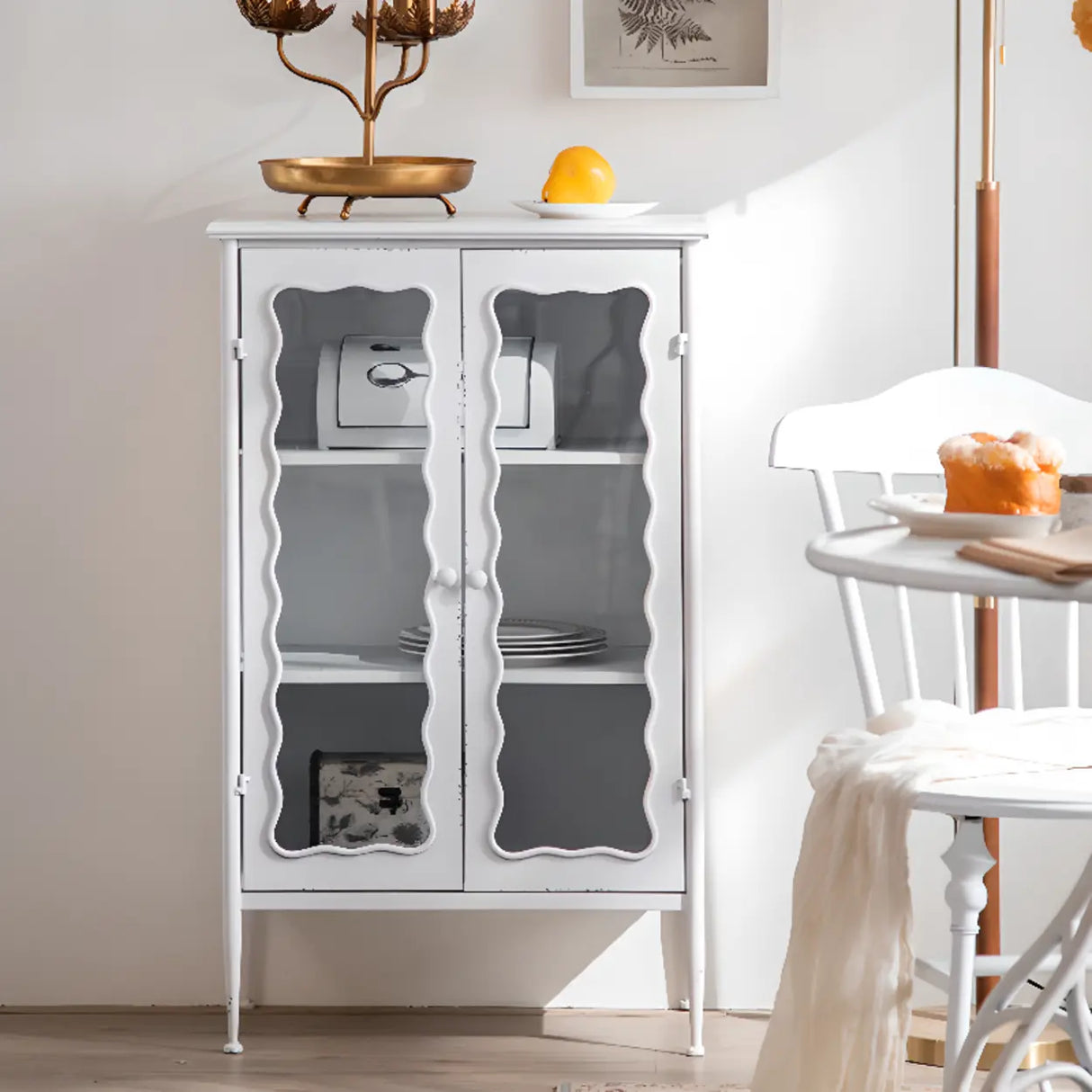 Elegant White Wave Design Metal Storage China Cabinet Image - 3