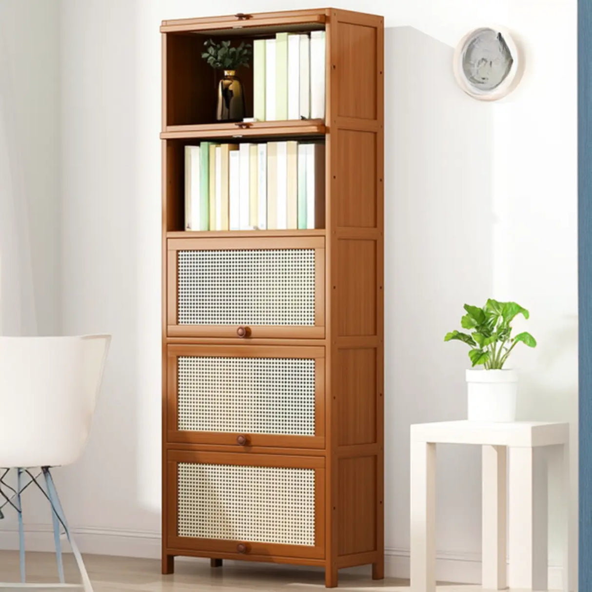 Elegant Wooden Mesh Closed Back Rectangular Bookcases Image - 44
