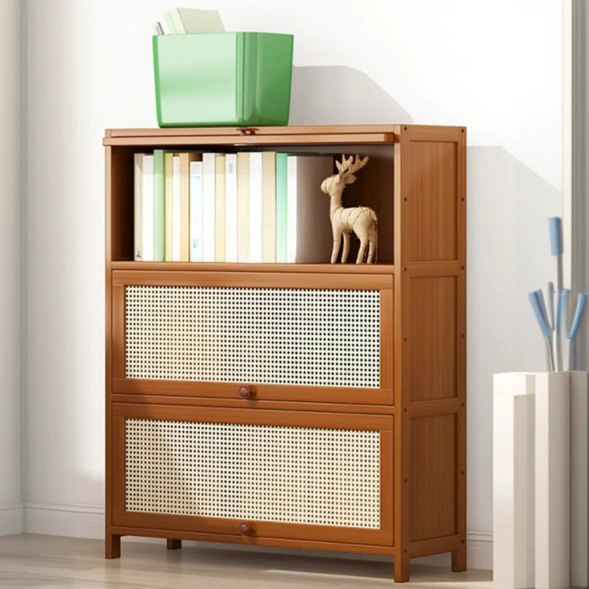Elegant Wooden Mesh Closed Back Rectangular Bookcases Image - 48