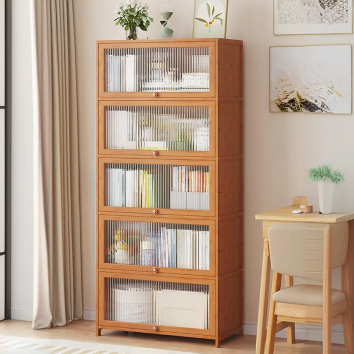 Elegant Wooden Mesh Closed Back Rectangular Bookcases Image - 57