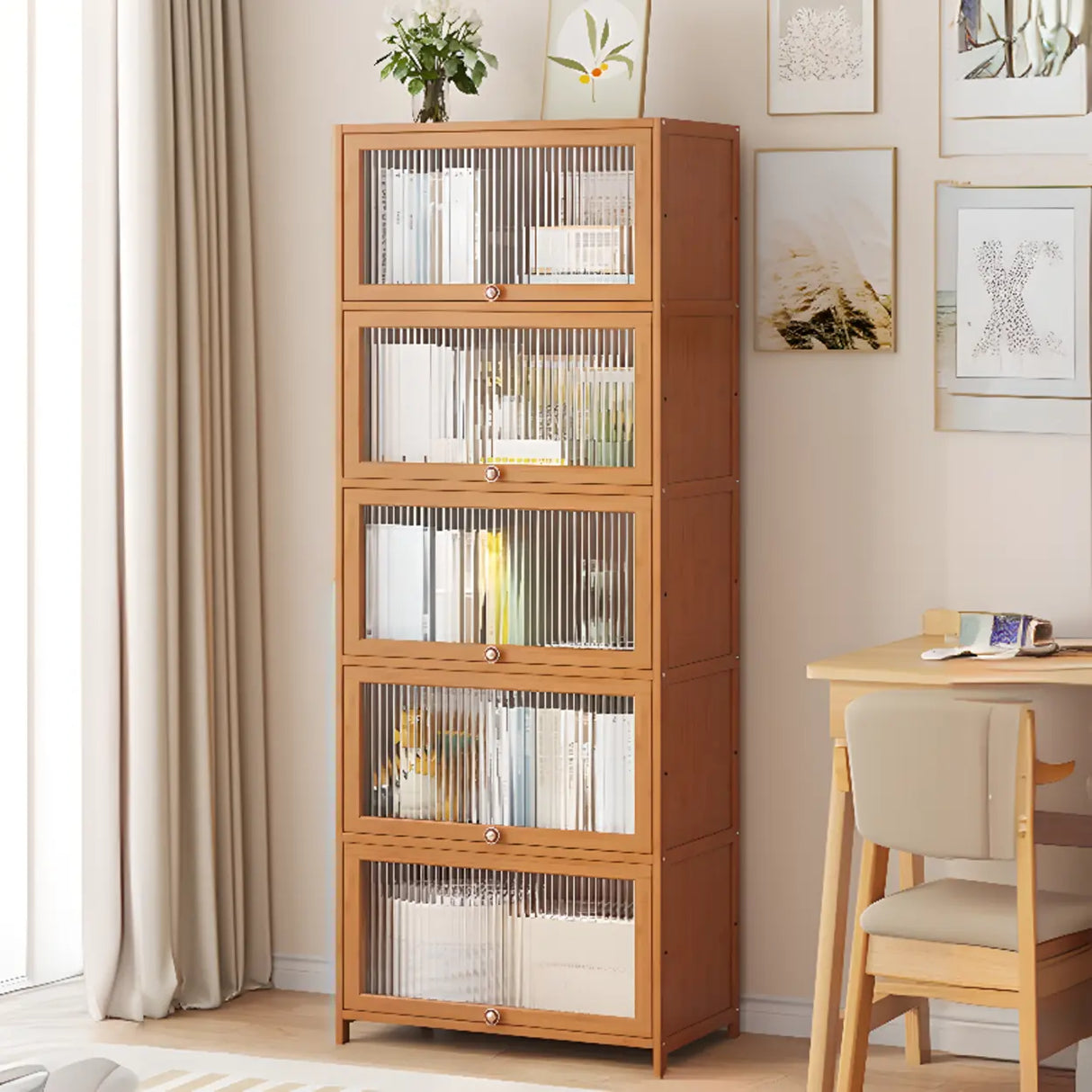 Elegant Wooden Mesh Closed Back Rectangular Bookcases Image - 58