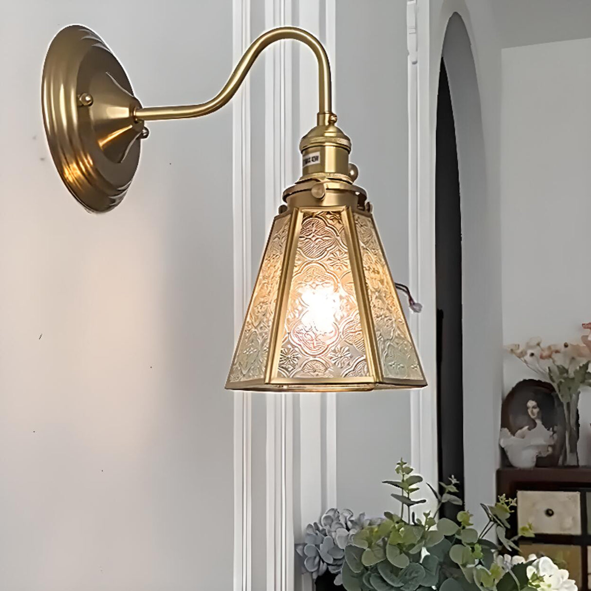 Embossed Glass Shade Gold Cone LED Wall Sconce Image - 1