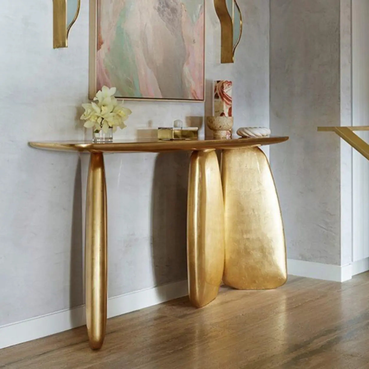 Entrance Three Leg Golden Metal Sculptural Console Table Image - 1