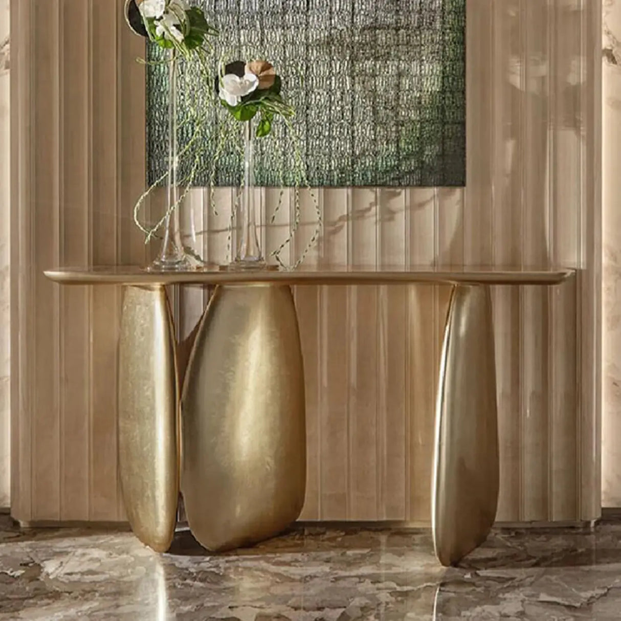 Entrance Three Leg Golden Metal Sculptural Console Table Image - 4