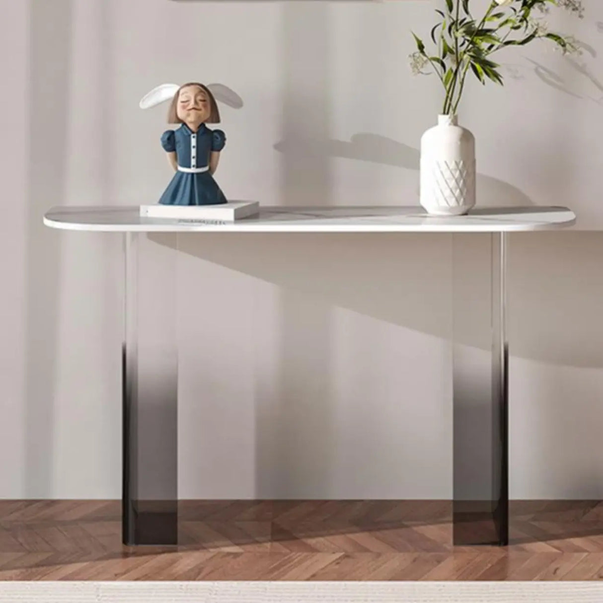 Entry Double Pedestal Acrylic Marble Top Console Table Image - 1