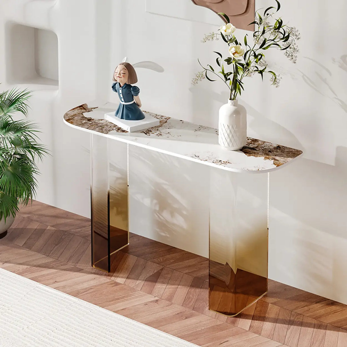 Entry Double Pedestal Acrylic Marble Top Console Table Image - 2