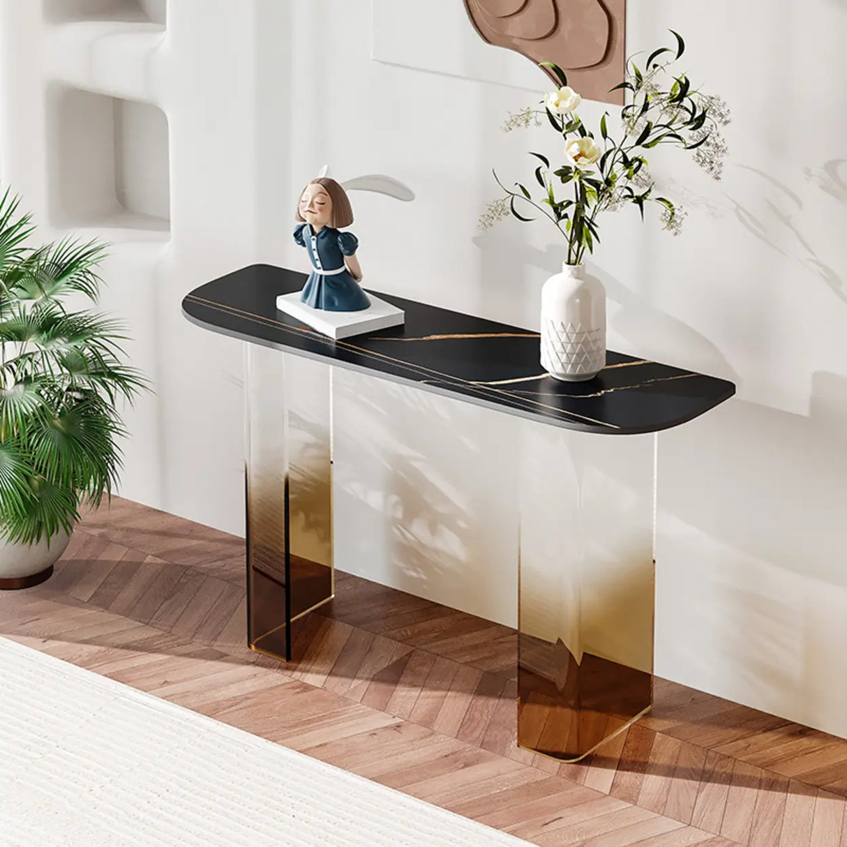 Entry Double Pedestal Acrylic Marble Top Console Table Image - 3