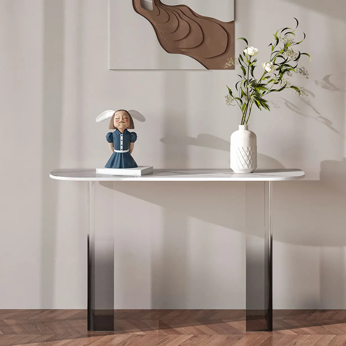 Entry Double Pedestal Acrylic Marble Top Console Table Image - 5