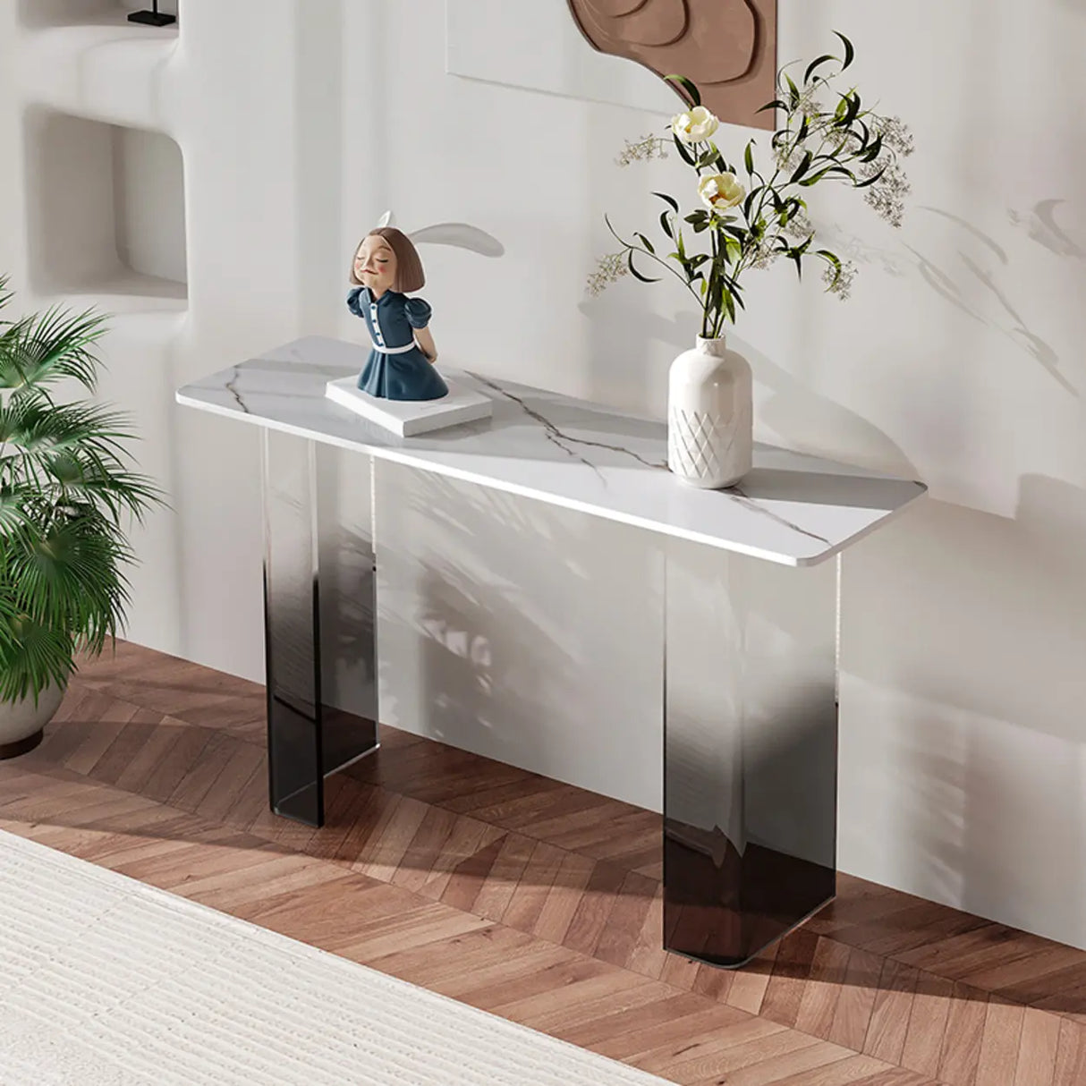 Entry Double Pedestal Acrylic Marble Top Console Table Image - 7