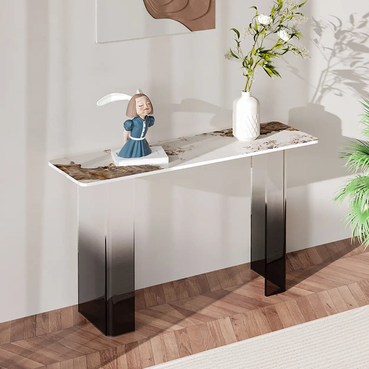 Entry Double Pedestal Acrylic Marble Top Console Table Image - 9