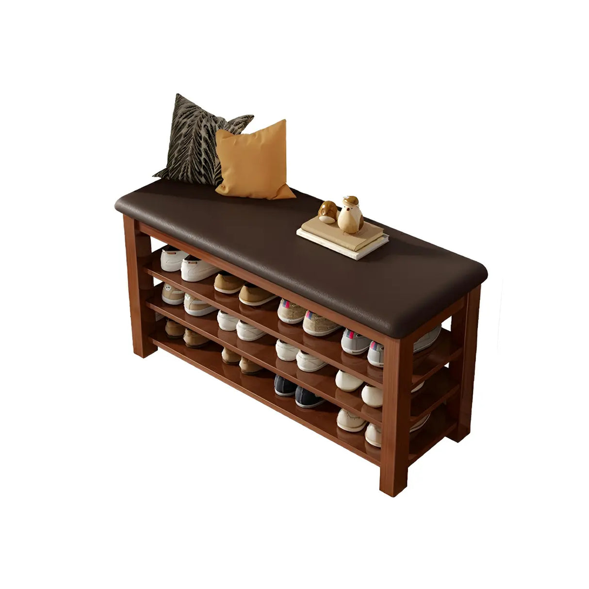 Entryway Adjustable Shelves Wood Brown Shoe Storage Bench Image - 10