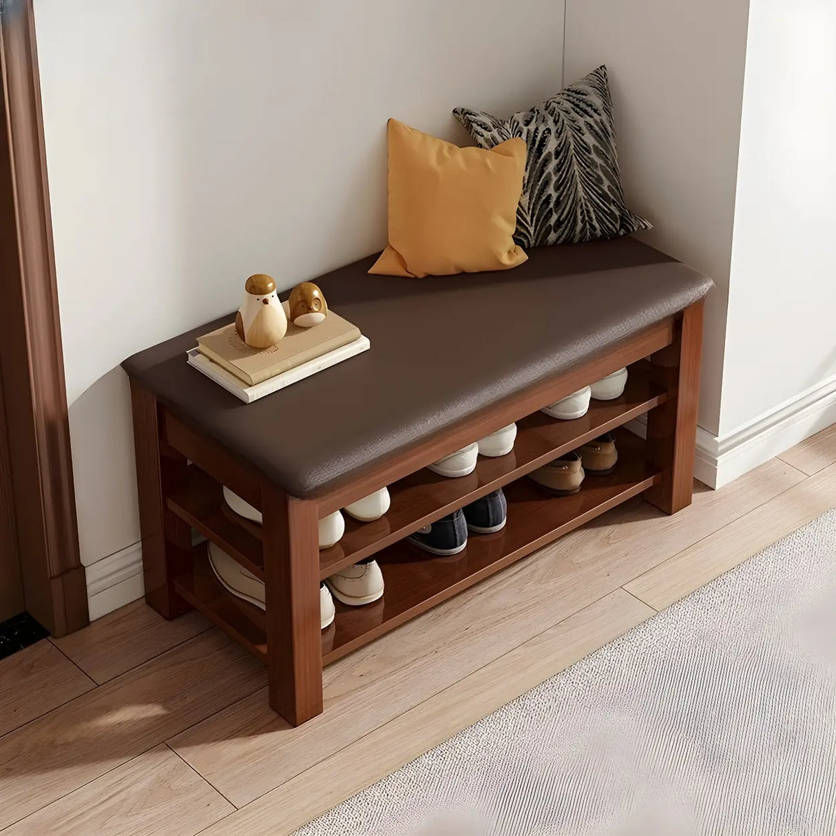 Entryway Adjustable Shelves Wood Brown Shoe Storage Bench Image - 11