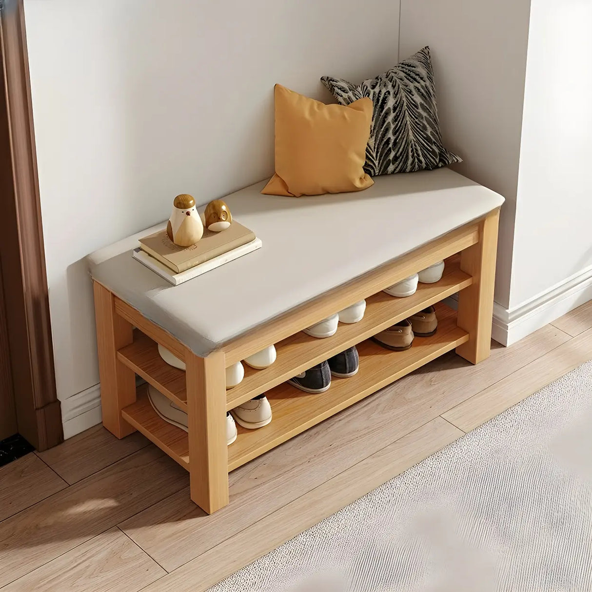 Entryway Adjustable Shelves Wood Brown Shoe Storage Bench Image - 13