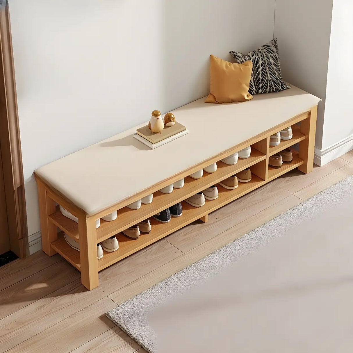 Entryway Adjustable Shelves Wood Brown Shoe Storage Bench Image - 15