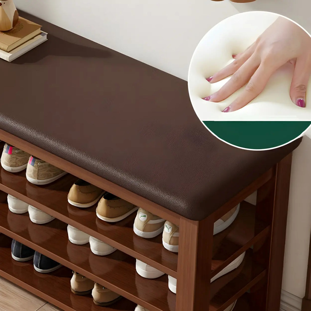 Entryway Adjustable Shelves Wood Brown Shoe Storage Bench Image - 16