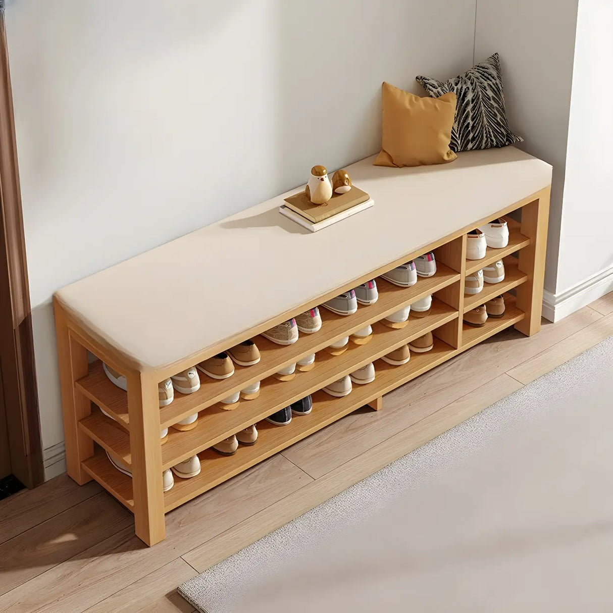 Entryway Adjustable Shelves Wood Brown Shoe Storage Bench Image - 17