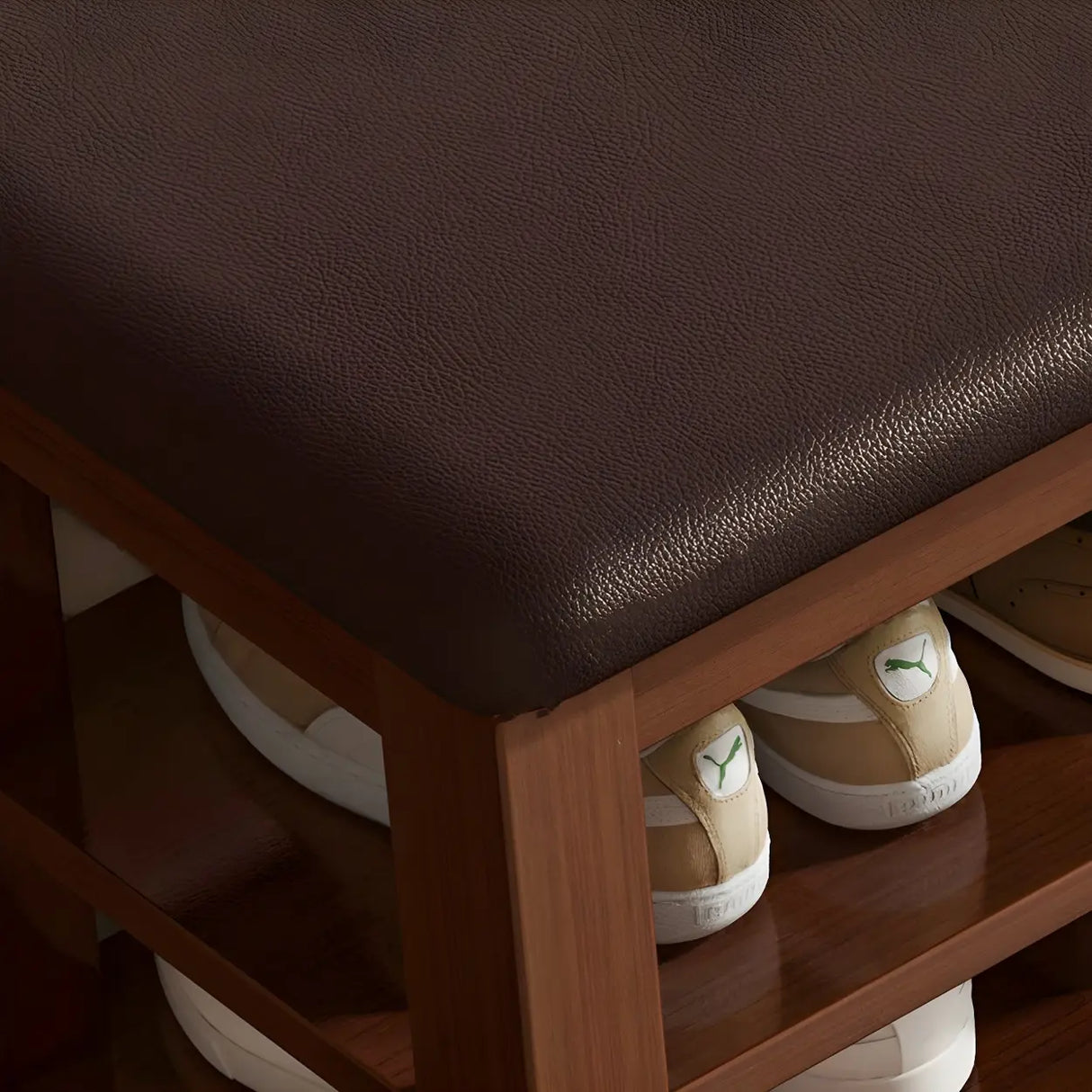 Entryway Adjustable Shelves Wood Brown Shoe Storage Bench Image - 18