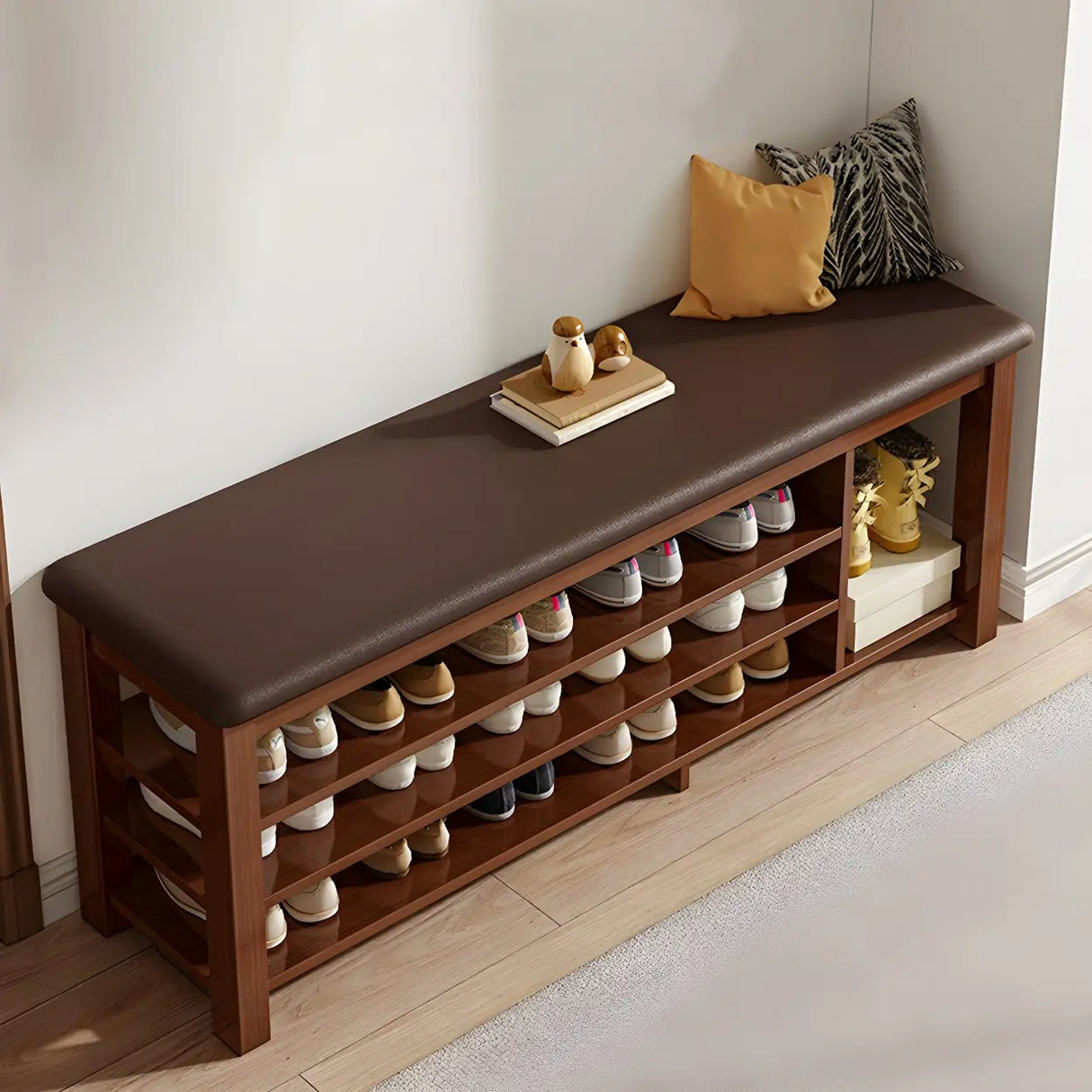 Entryway Adjustable Shelves Wood Brown Shoe Storage Bench Image - 1