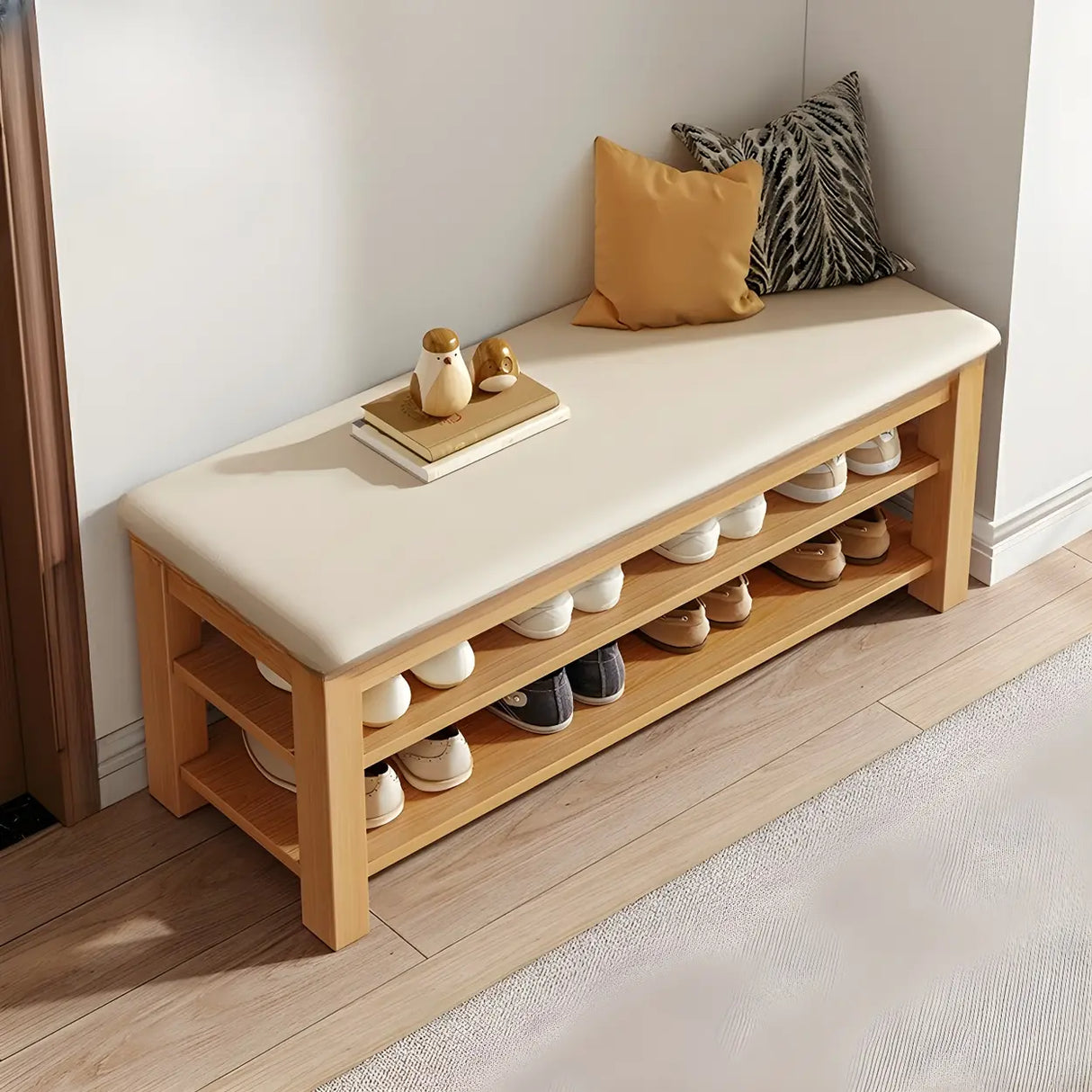 Entryway Adjustable Shelves Wood Brown Shoe Storage Bench Image - 2