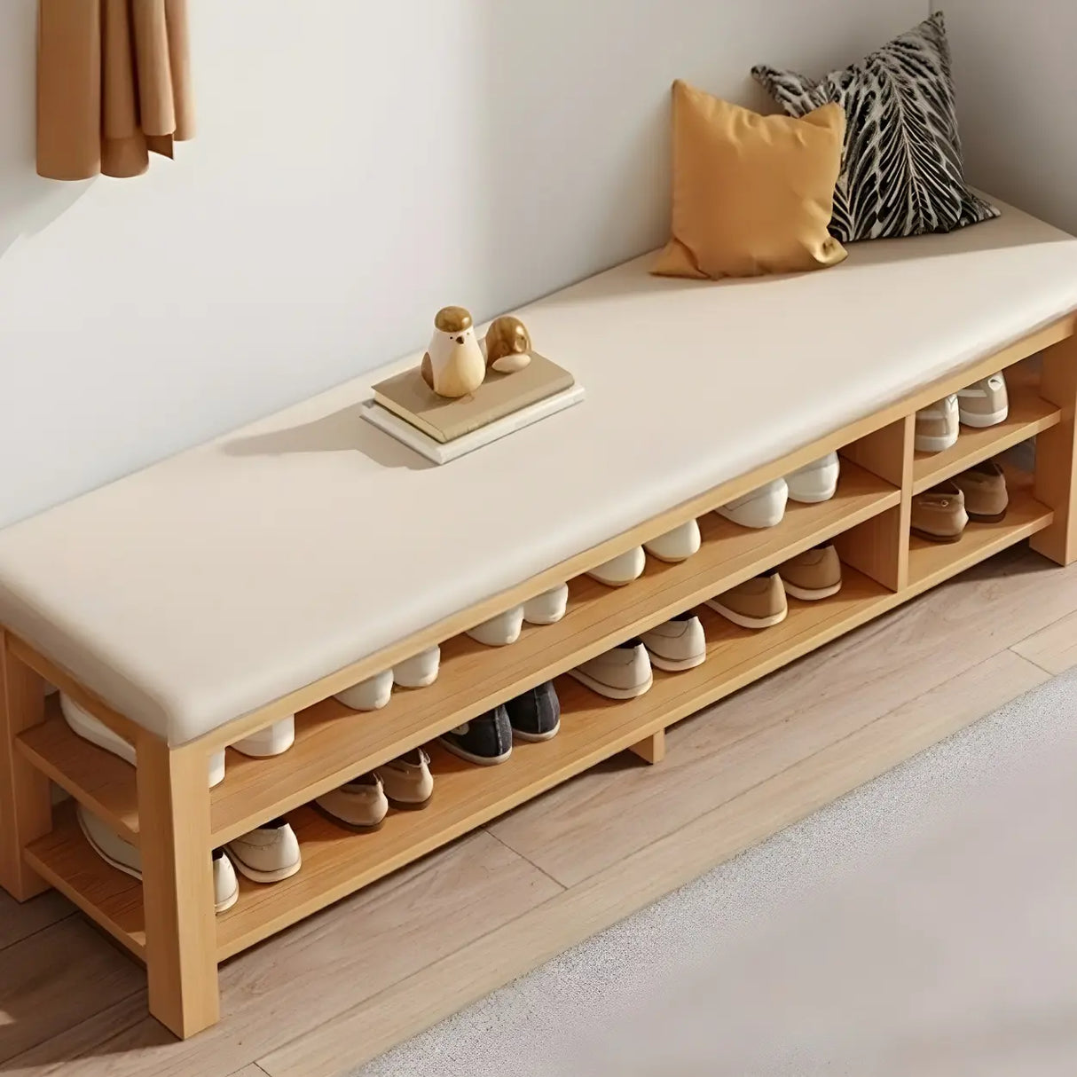 Entryway Adjustable Shelves Wood Brown Shoe Storage Bench Image - 3