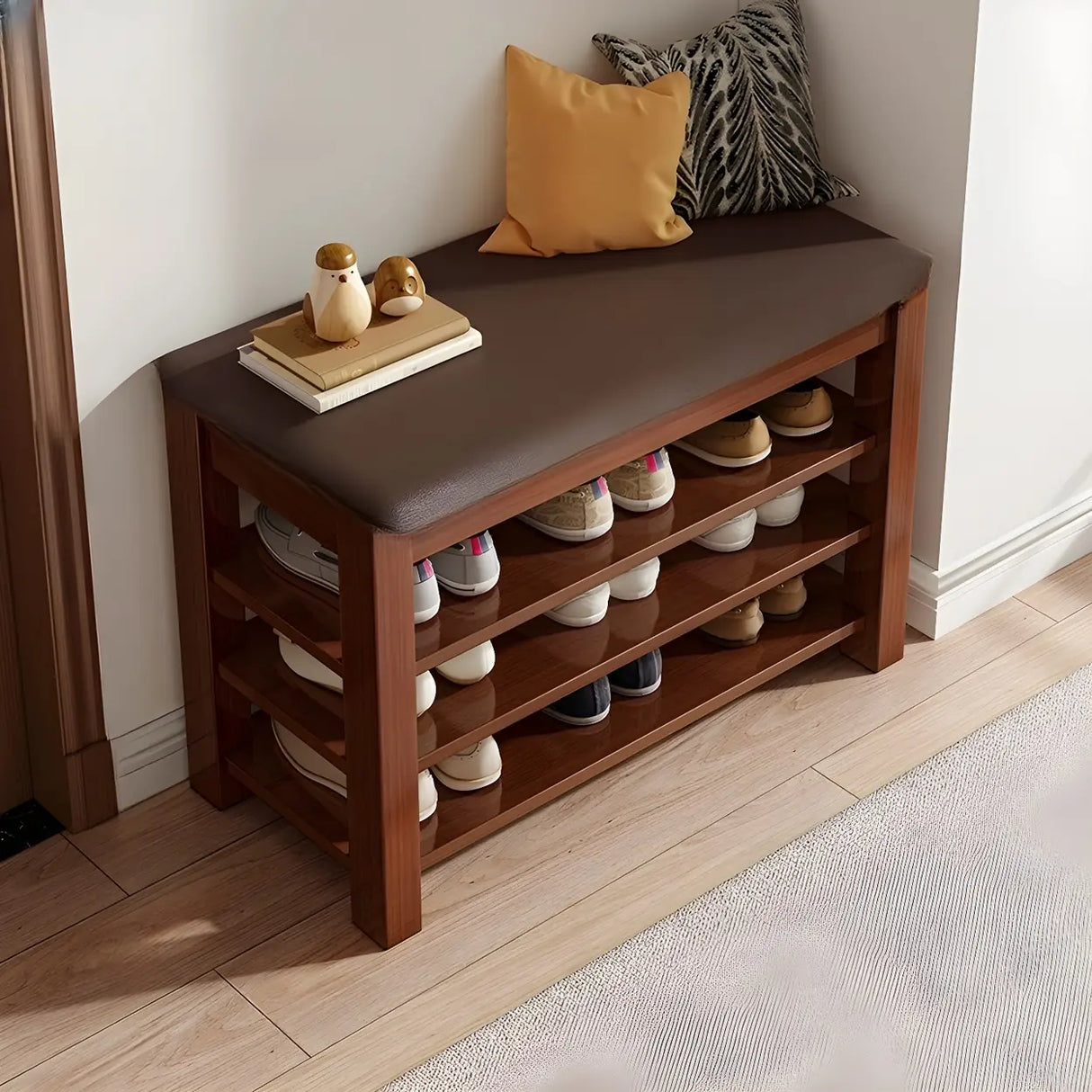 Entryway Adjustable Shelves Wood Brown Shoe Storage Bench Image - 4