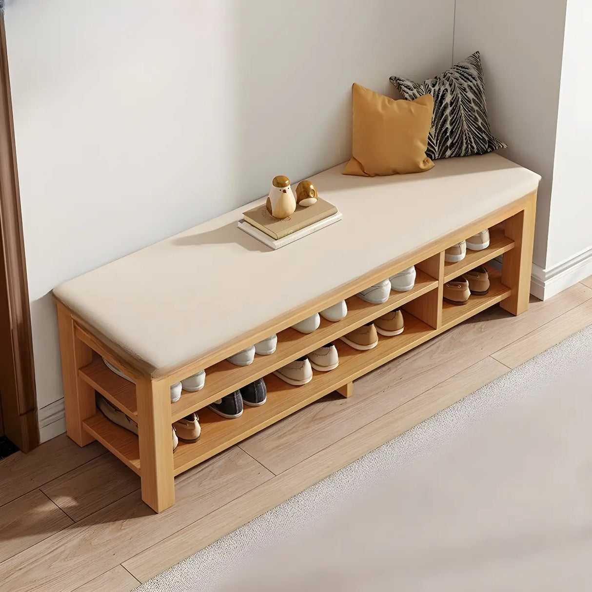 Entryway Adjustable Shelves Wood Brown Shoe Storage Bench Image - 5