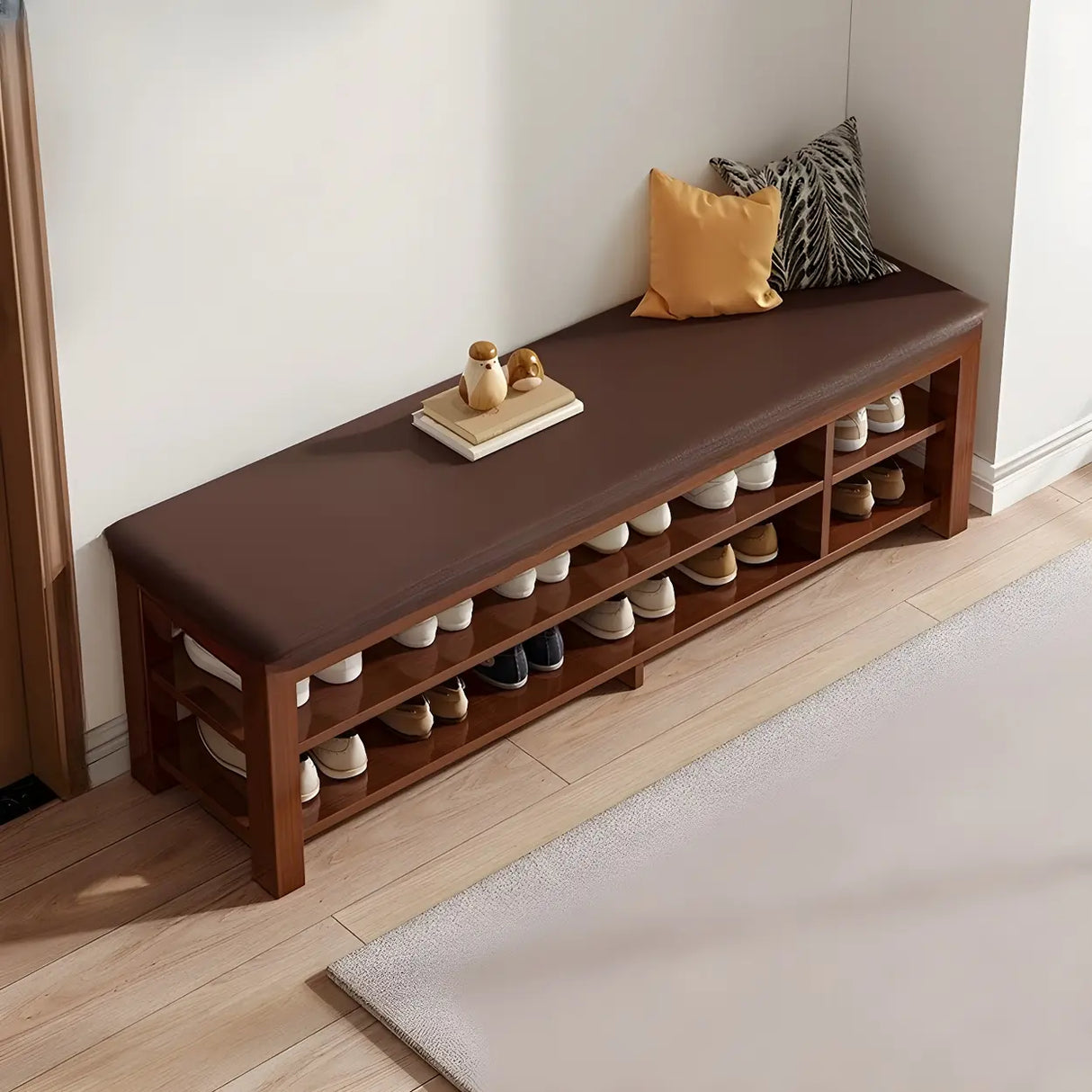 Entryway Adjustable Shelves Wood Brown Shoe Storage Bench Image - 7