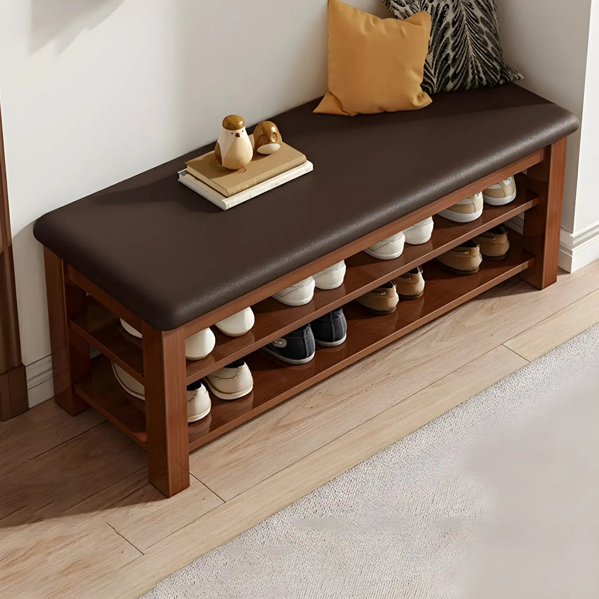 Entryway Adjustable Shelves Wood Brown Shoe Storage Bench Image - 8