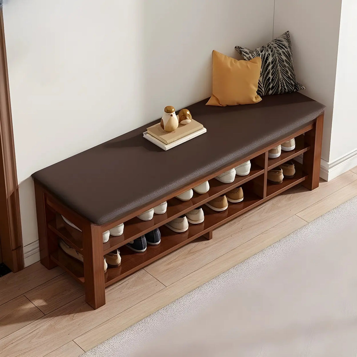 Entryway Adjustable Shelves Wood Brown Shoe Storage Bench Image - 9