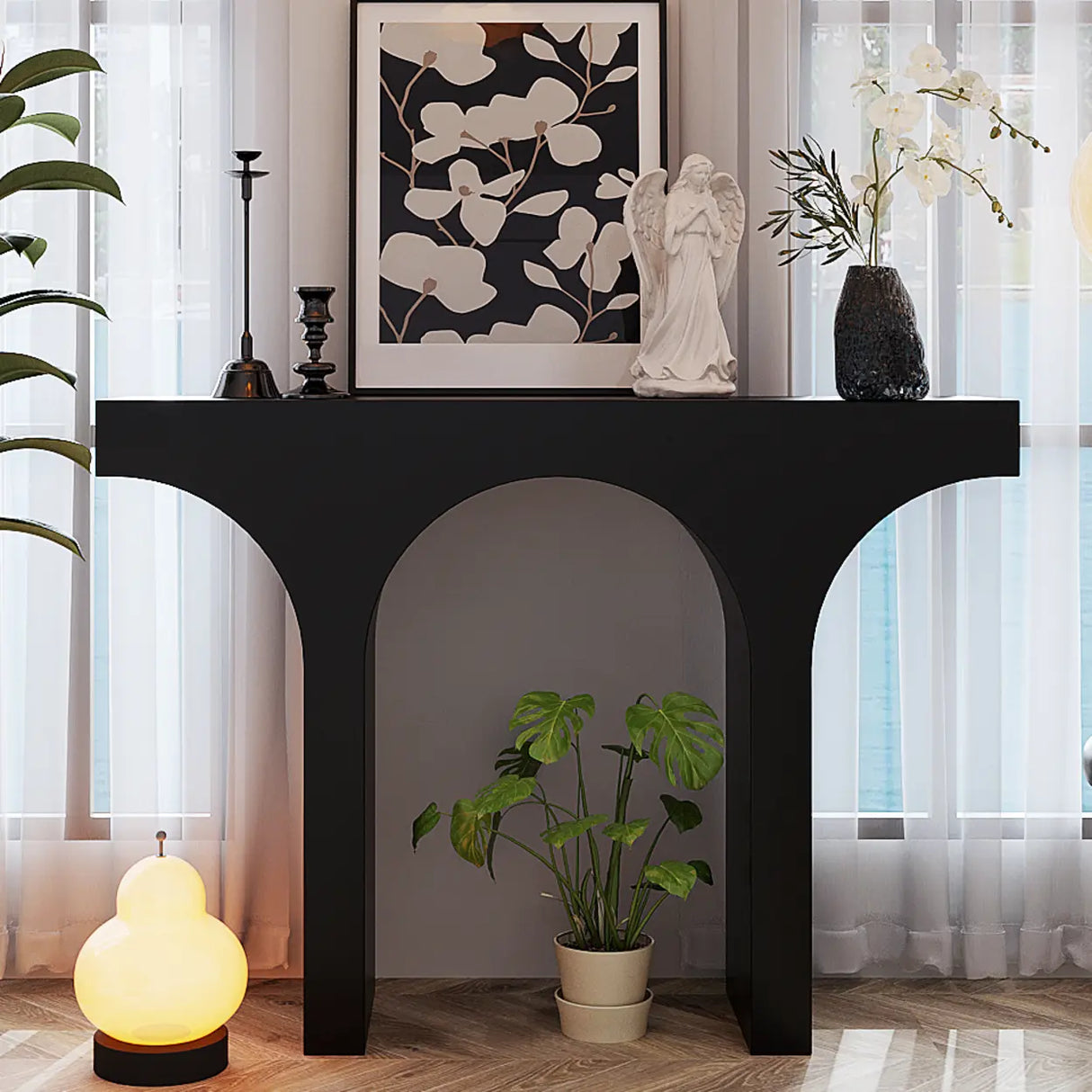 Entryway Black Timber Finish Arch Base Console Table Image - 1