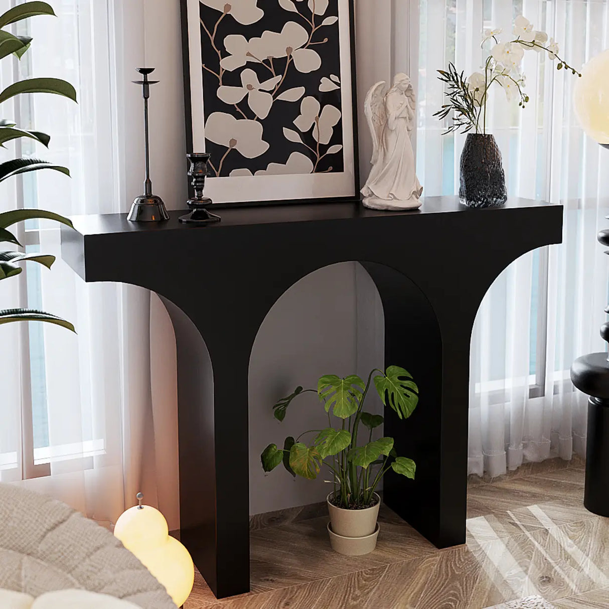 Entryway Black Timber Finish Arch Base Console Table Image - 4