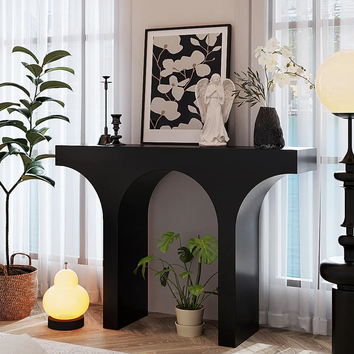 Entryway Black Timber Finish Arch Base Console Table Image - 5