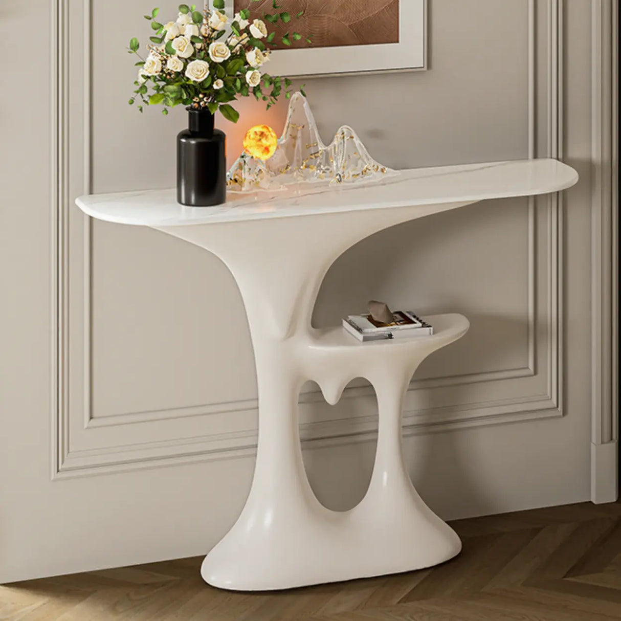 Entryway Half-Moon Marble Console Table with Shelf Image - 6