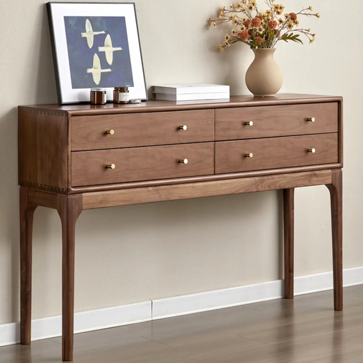 Entryway Sepia Rectangle Walnut Console Table with Drawers Image - 1