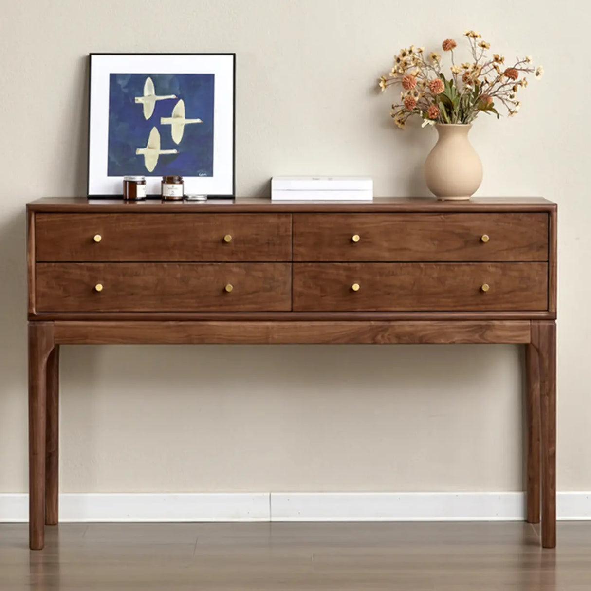 Entryway Sepia Rectangle Walnut Console Table with Drawers Image - 4