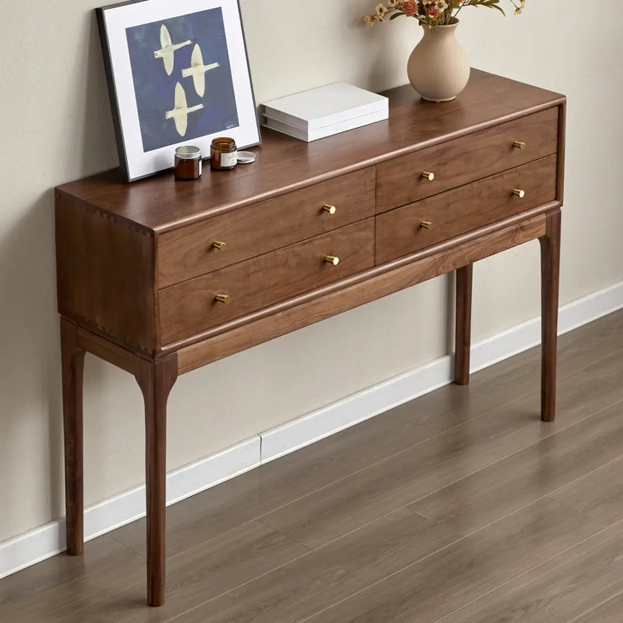 Entryway Sepia Rectangle Walnut Console Table with Drawers Image - 5