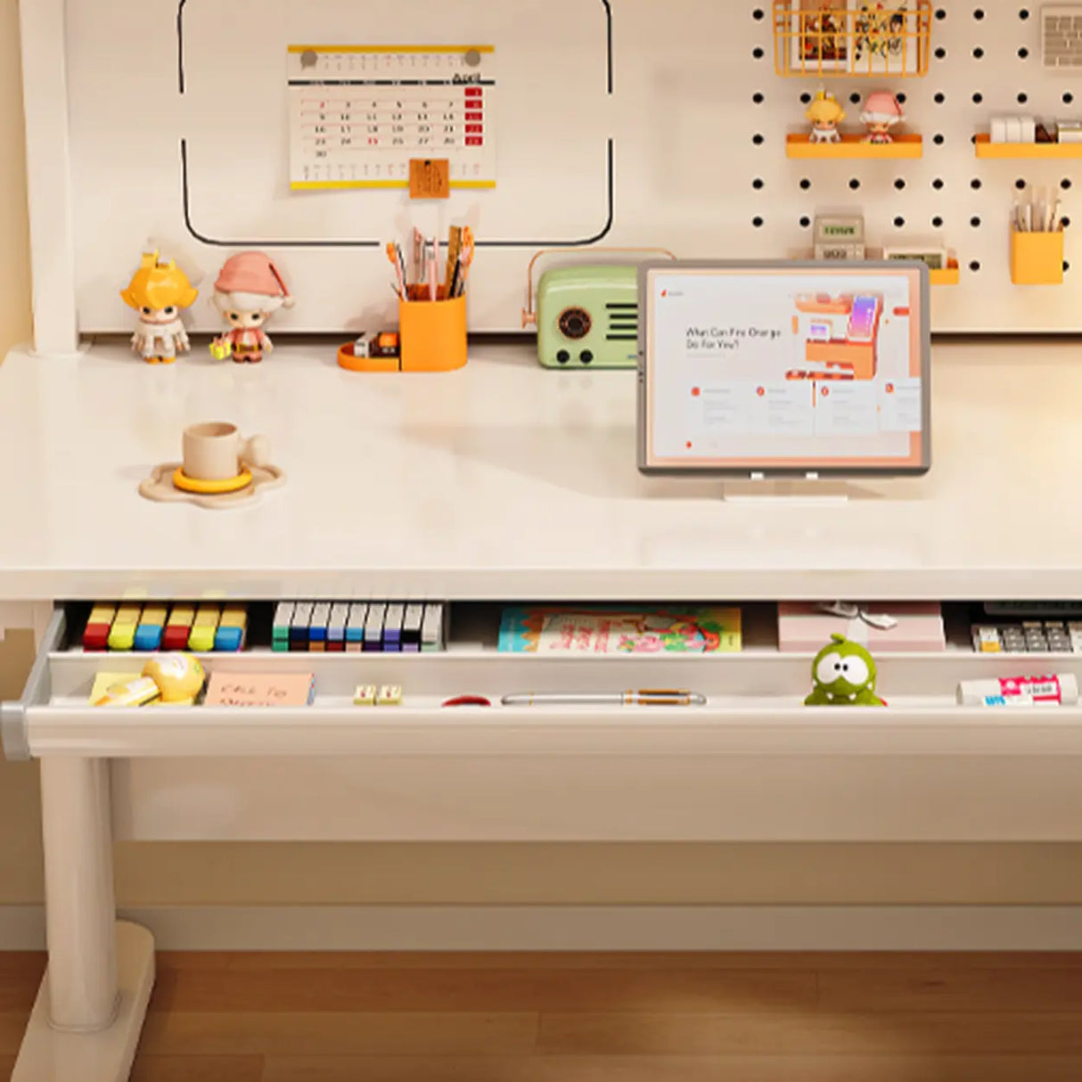 Ergonomic Adjustable Height White Kids Desk with Drawer Image - 14